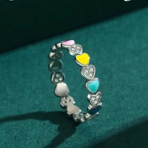 925 Sterling Silver Rainbow Colorful Hearts Enamel CZ Finger Ring For Women